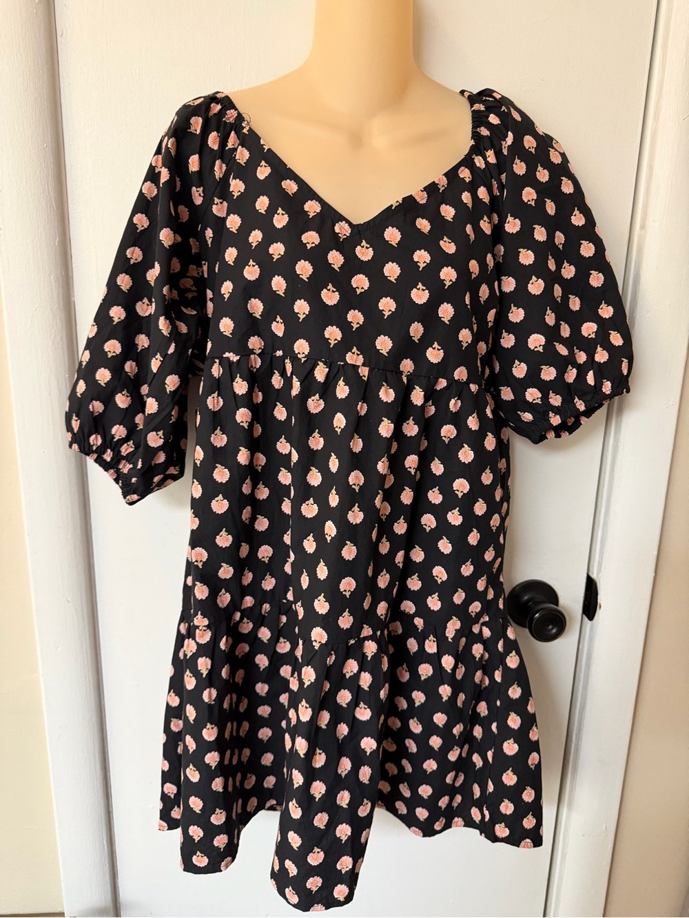 BIllabong Black Smock Baby Doll Dress with Pink Floral Dot Print